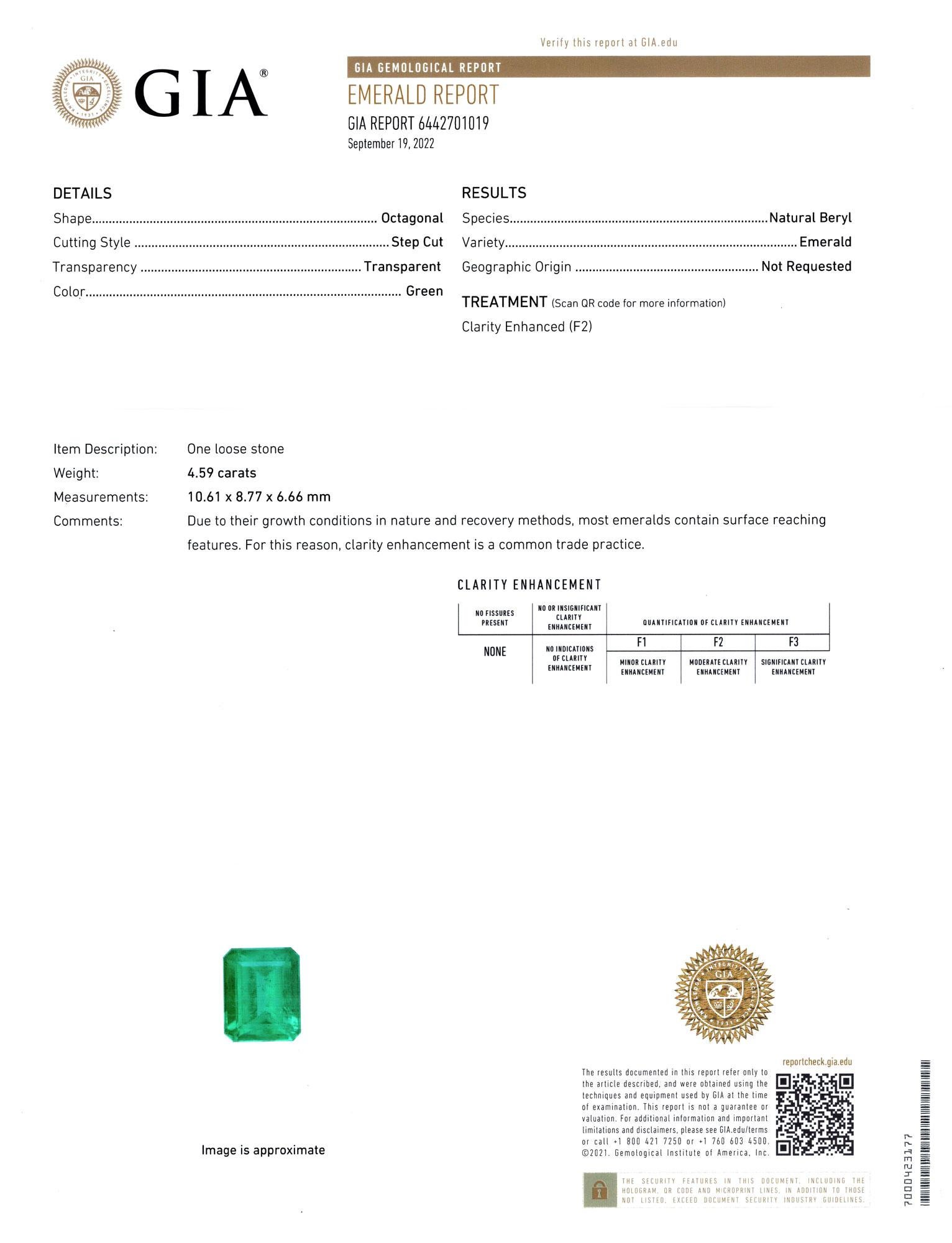 Emerald Cut GIA Certified 4.59 Carat Green Emerald Diamond Ring COLOMBIAN ORIGIN For Sale