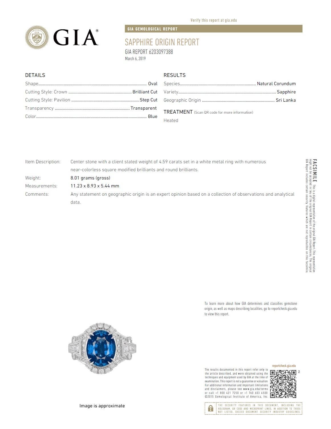 Indulge in opulent elegance with this exquisite ring, boasting a mesmerizing GIA Certified 4.59 carat oval cut fine Ceylon sapphire at its core. Crafted to captivate, this centerpiece is embraced by 1.01 carats of dazzling white diamonds, forming a