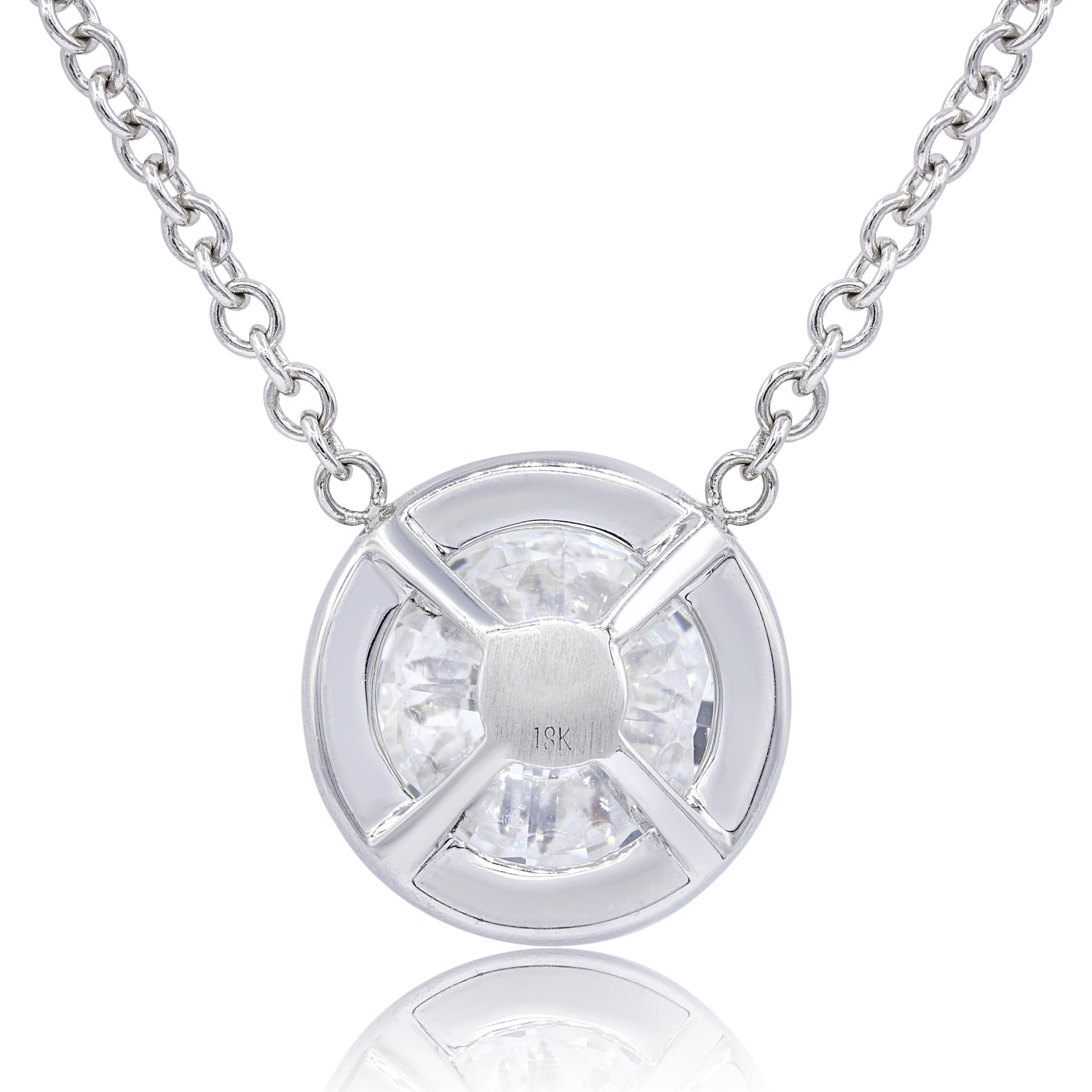 18KT white gold diamond pendant, featue 3.61ct GIA Certified E-SI2 round diamond set in halo bezel with 1.00ct of round diamonds set on white gold chain.

This product comes with a GIA certificate
This product will be packaged in a custom