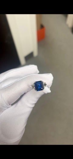 GIA Certified 4.61 Carat Emerald Cut Ceylon Sapphire & Diamond Ring in Platinum