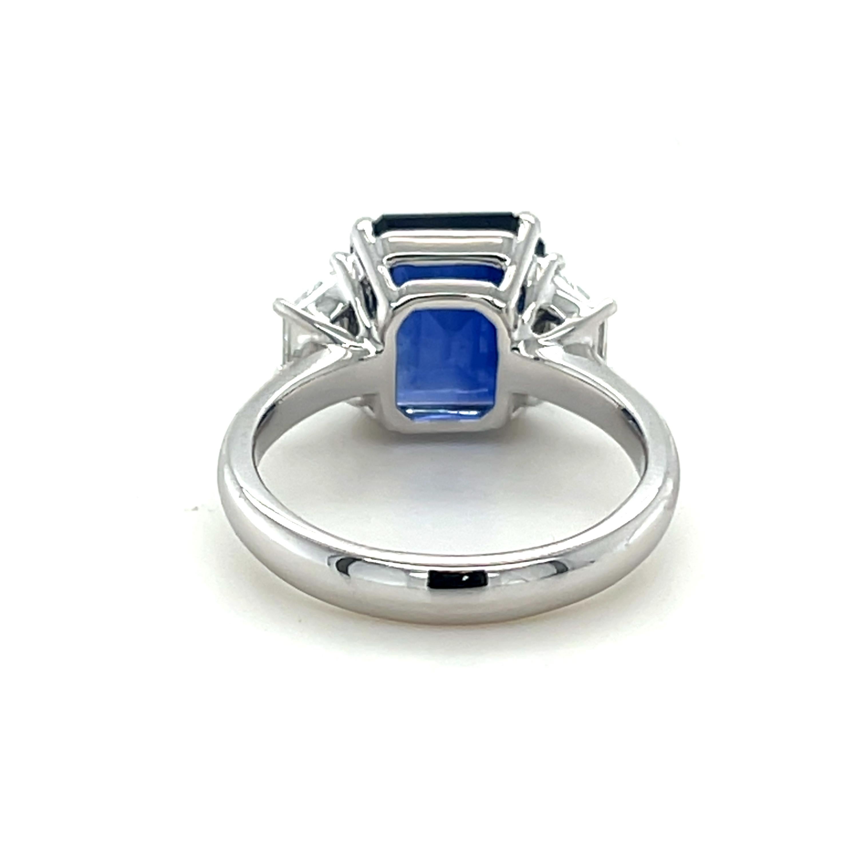 Modern GIA Certified 4.61 Carat Emerald Cut Ceylon Sapphire & Diamond Ring in Platinum For Sale