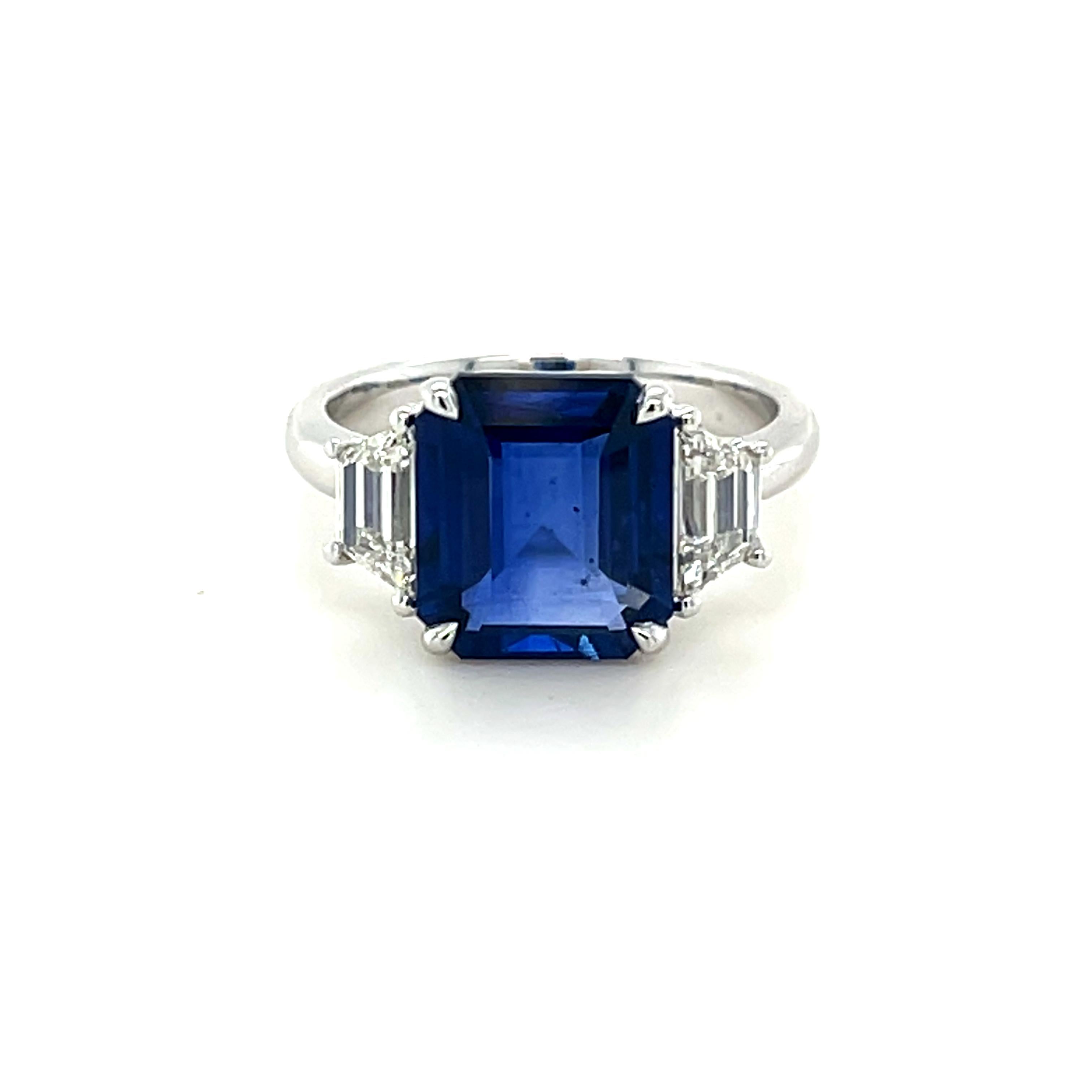 GIA Certified 4.61 Carat Emerald Cut Ceylon Sapphire & Diamond Ring in Platinum In New Condition For Sale In Great Neck, NY