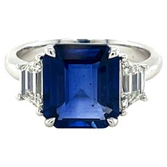 GIA Certified 4.61 Carat Emerald Cut Ceylon Sapphire & Diamond Ring in Platinum