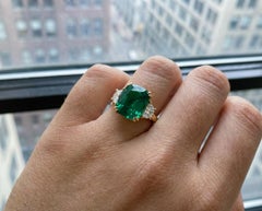GIA Certified 4.62 Carat Cushion Cut Minor Oil Emerald Three-Stone Ring