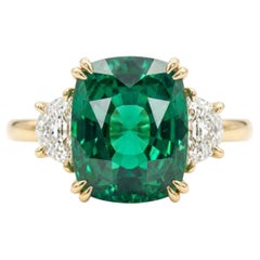GIA Certified 4.62 Carat Cushion Cut Minor Oil Emerald Three-Stone Ring