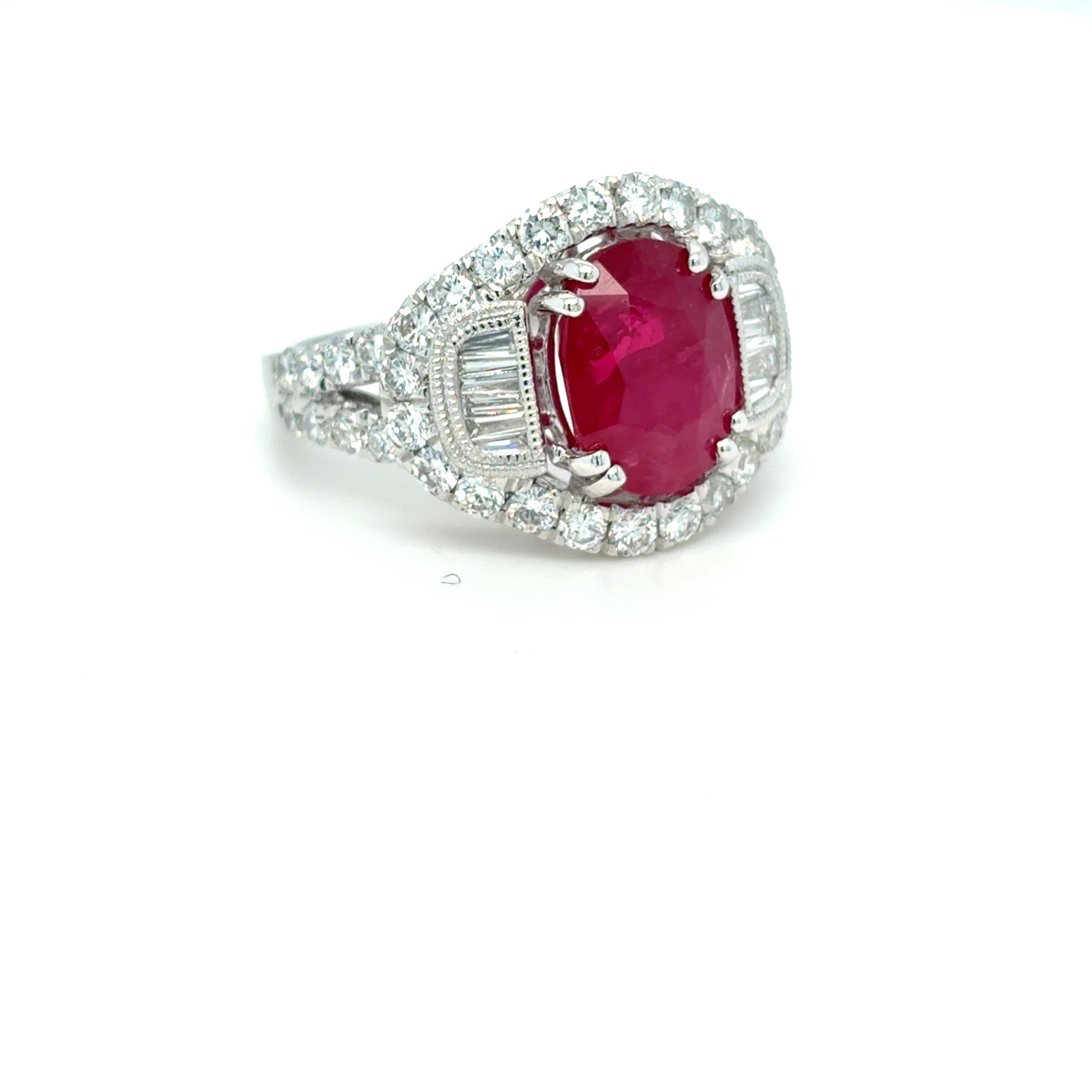Artisan GIA Certified 4.62 Carat Oval Cut Mozambique Ruby Diamond Platinum Ring For Sale