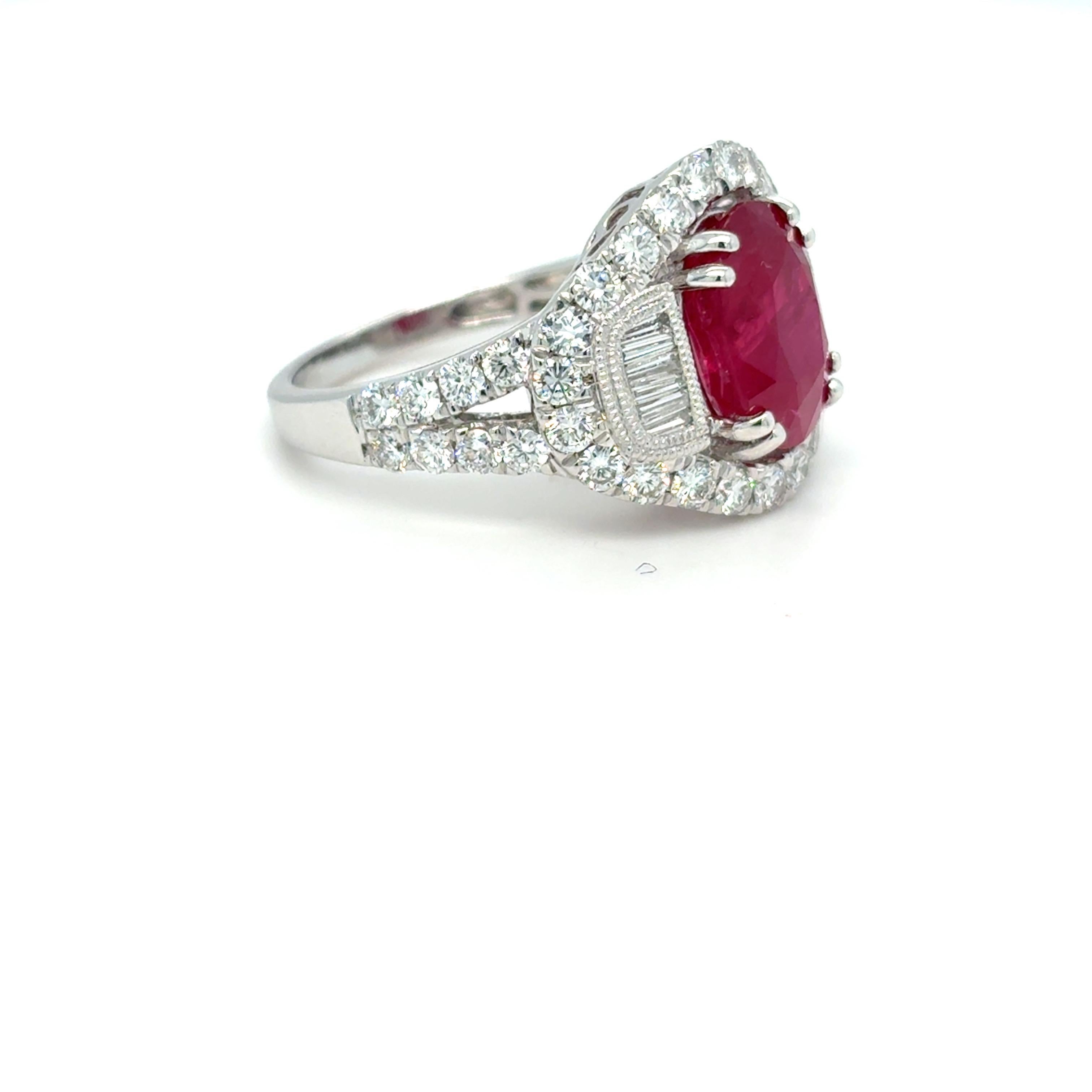 Women's GIA Certified 4.62 Carat Oval Cut Mozambique Ruby Diamond Platinum Ring For Sale