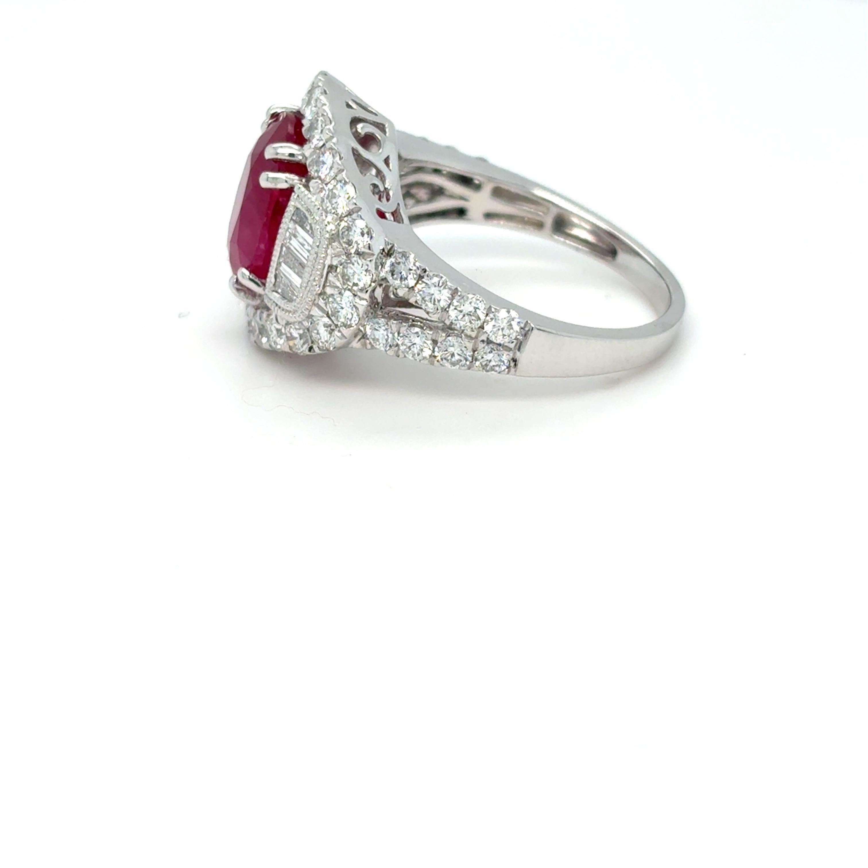 GIA Certified 4.62 Carat Oval Cut Mozambique Ruby Diamond Platinum Ring For Sale 4