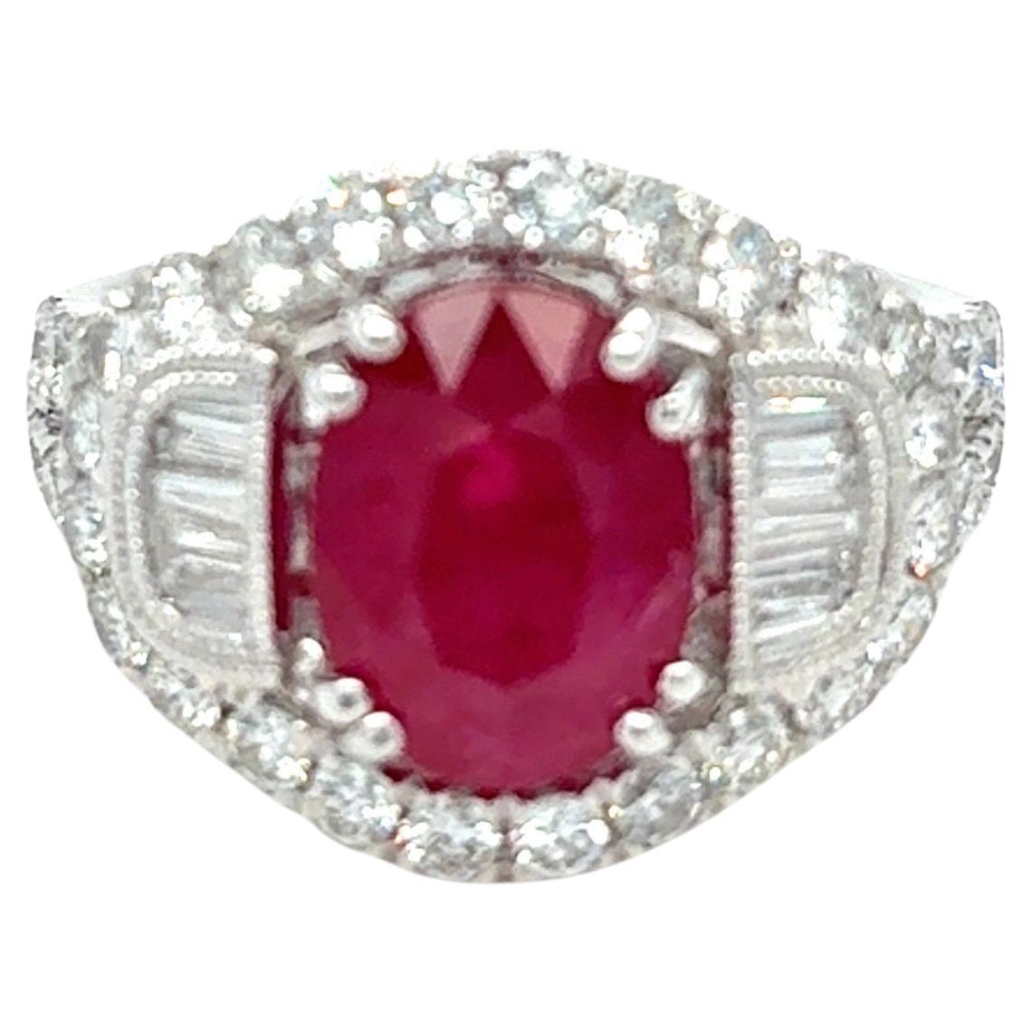 GIA Certified 4.62 Carat Oval Cut Mozambique Ruby Diamond Platinum Ring