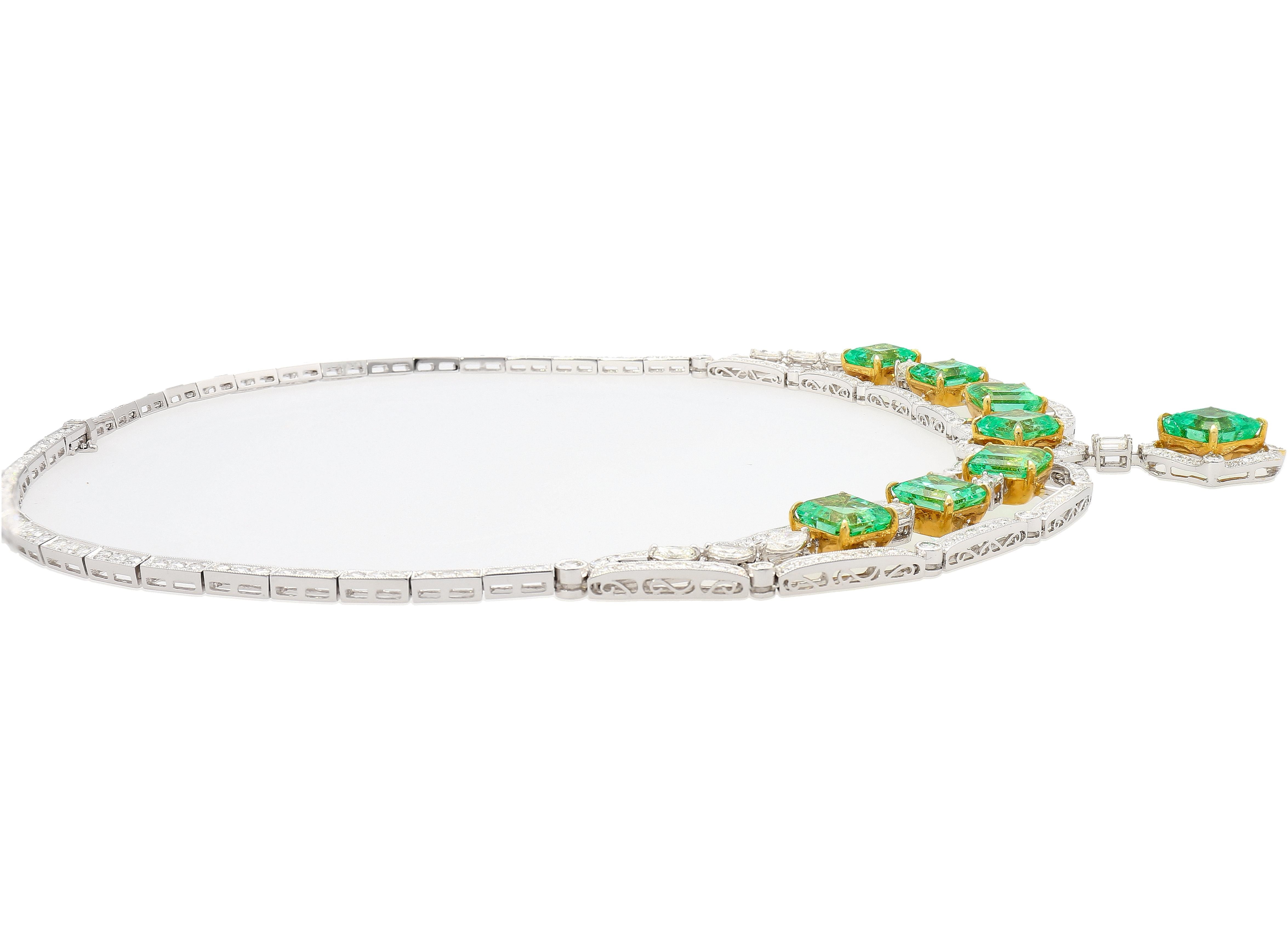 Art Deco GIA Certified 46.45 Carat Emerald and Diamond Multi Gem Chandelier Necklace  For Sale