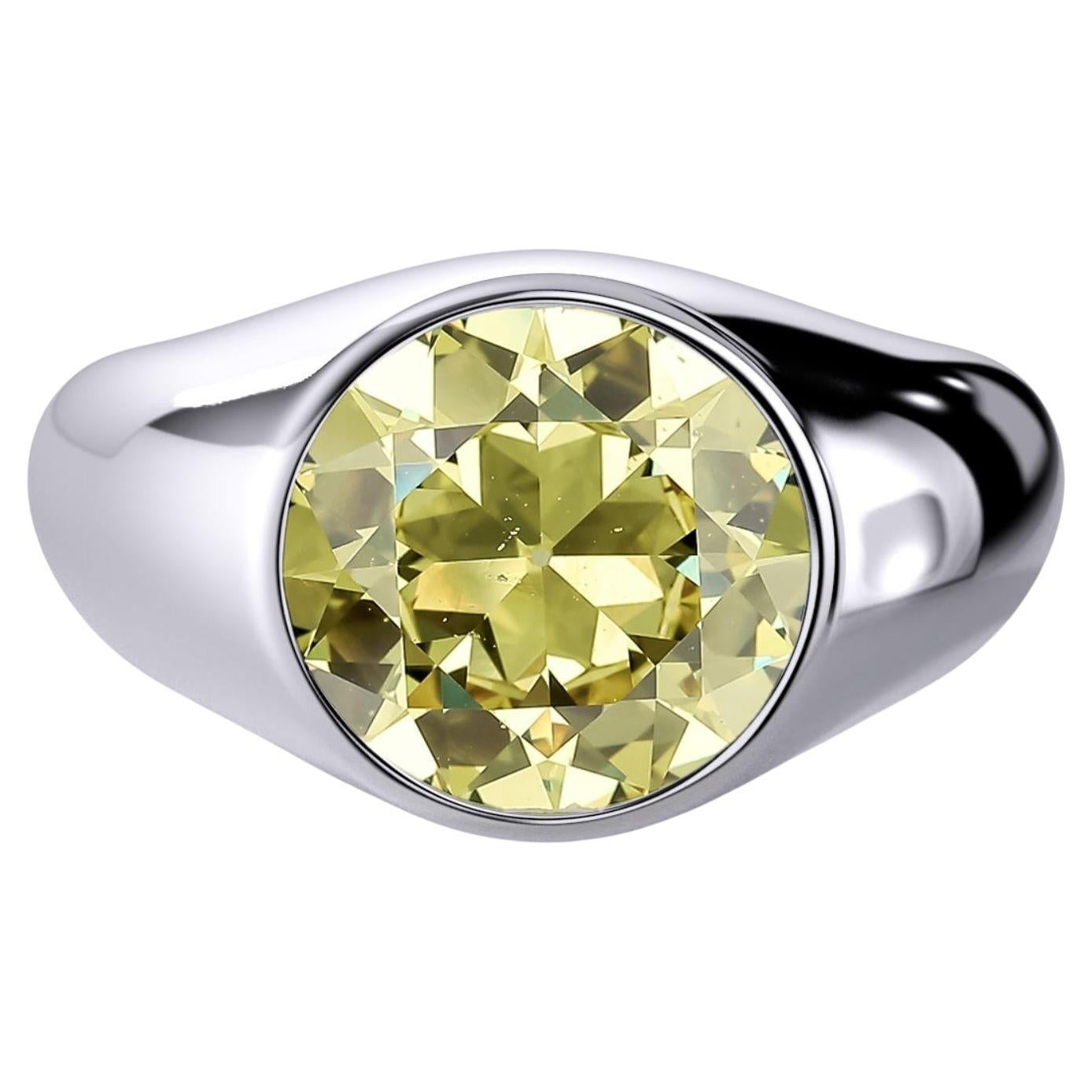 GIA Certified 4.65 Carat Fancy Deep Yellow Diamond Solitaire Bezel Set Mens Ring For Sale
