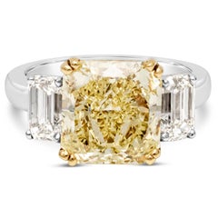 GIA Certified 4.68 Carats Radiant Cut Yellow Diamond Three-Stone Engagement Ring