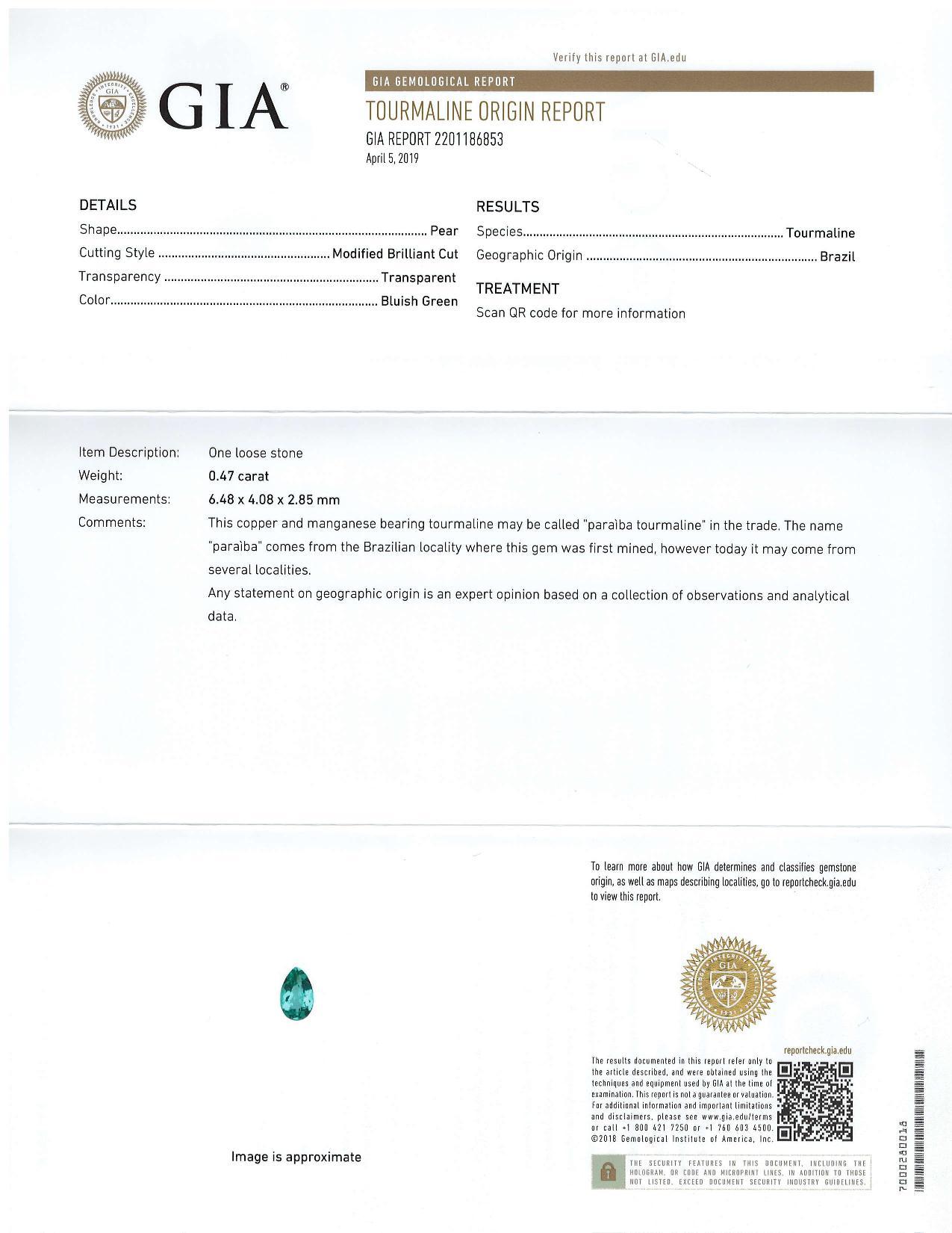 So pretty and rare! This blue-green Paraiba tourmaline is eye clean and brilliant, measuring 6.48 x 4.08 x 2.85 millimeters and weighing .47 carats. It is accompanied by Gemological Institute of America Certification #2202286853 that lists it's