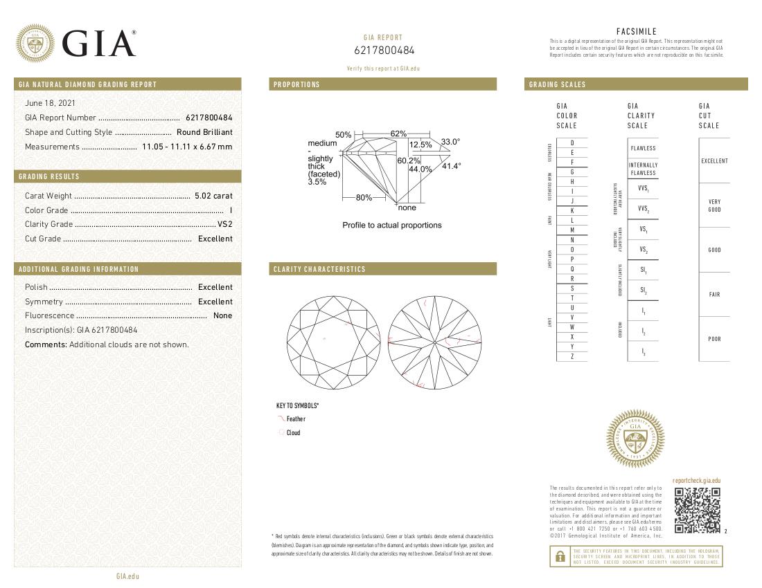 Taglio rotondo Anello in oro bianco con diamante rotondo taglio brillante certificato GIA da 5 carati