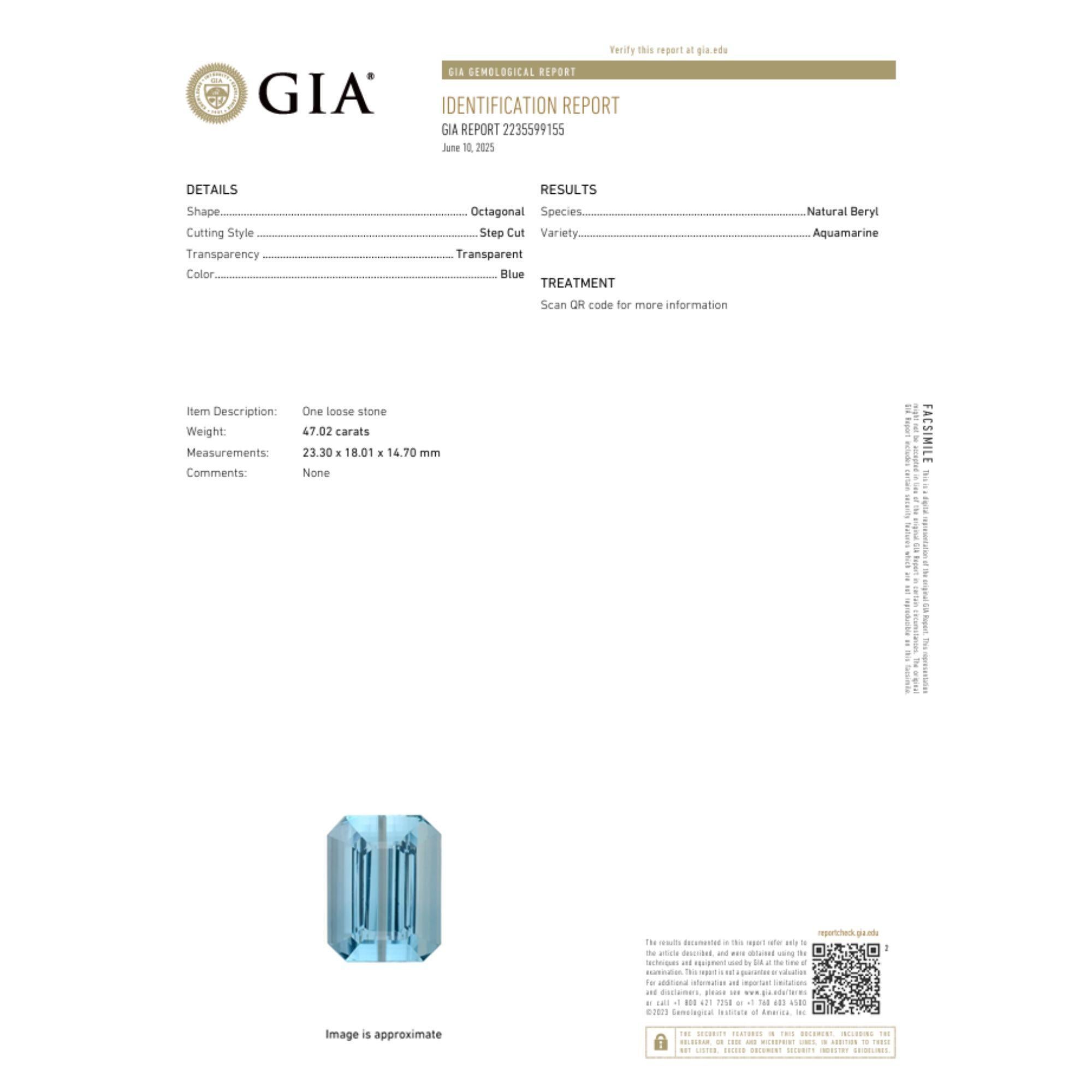 GIA Certificato 47,02 carati di acquamarina sciolta taglio smeraldo.

Dettagli della pietra centrale:
Pietra preziosa: Acquamarina naturale
Carati: 47,02 carati
Forma: Taglio ottagonale
Stile di taglio: Taglio a gradini
Colore: blu
Chiarezza: