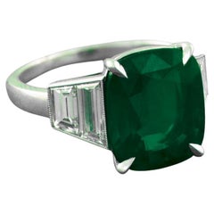 GIA Certified 4.73 Carat Minor Oil Emerald Trapezoid Diamonds Ring