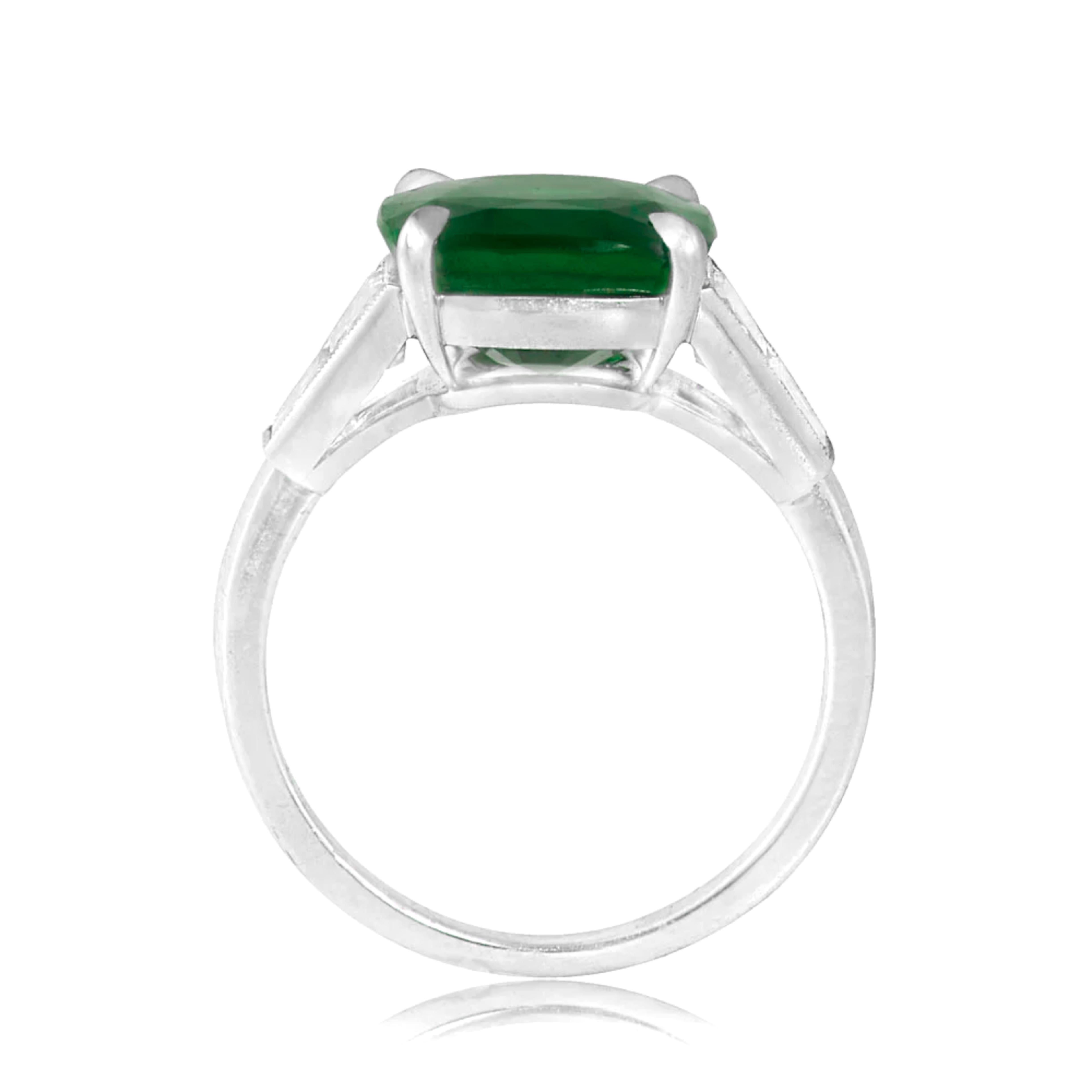 Contemporary GIA Certified 4.73 Carat Minor Oil Emerald Trapezoid Diamonds Ring For Sale