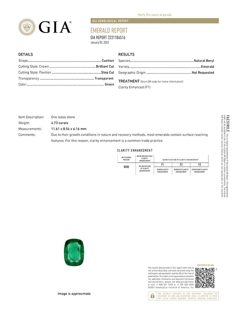 Cushion Cut GIA Certified 4.73 Carat Minor Oil Emerald Trapezoid Diamonds Ring For Sale