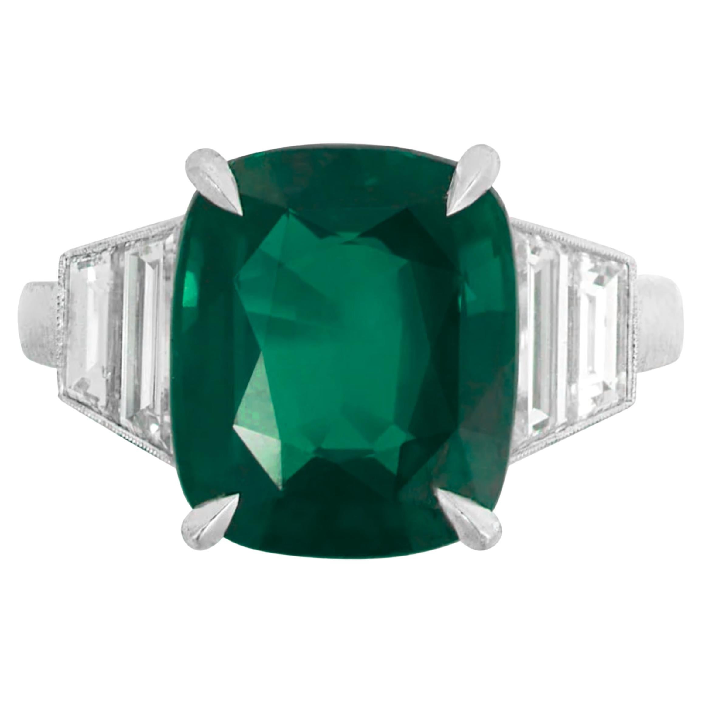GIA Certified 4.73 Carat Minor Oil Emerald Trapezoid Diamonds Ring