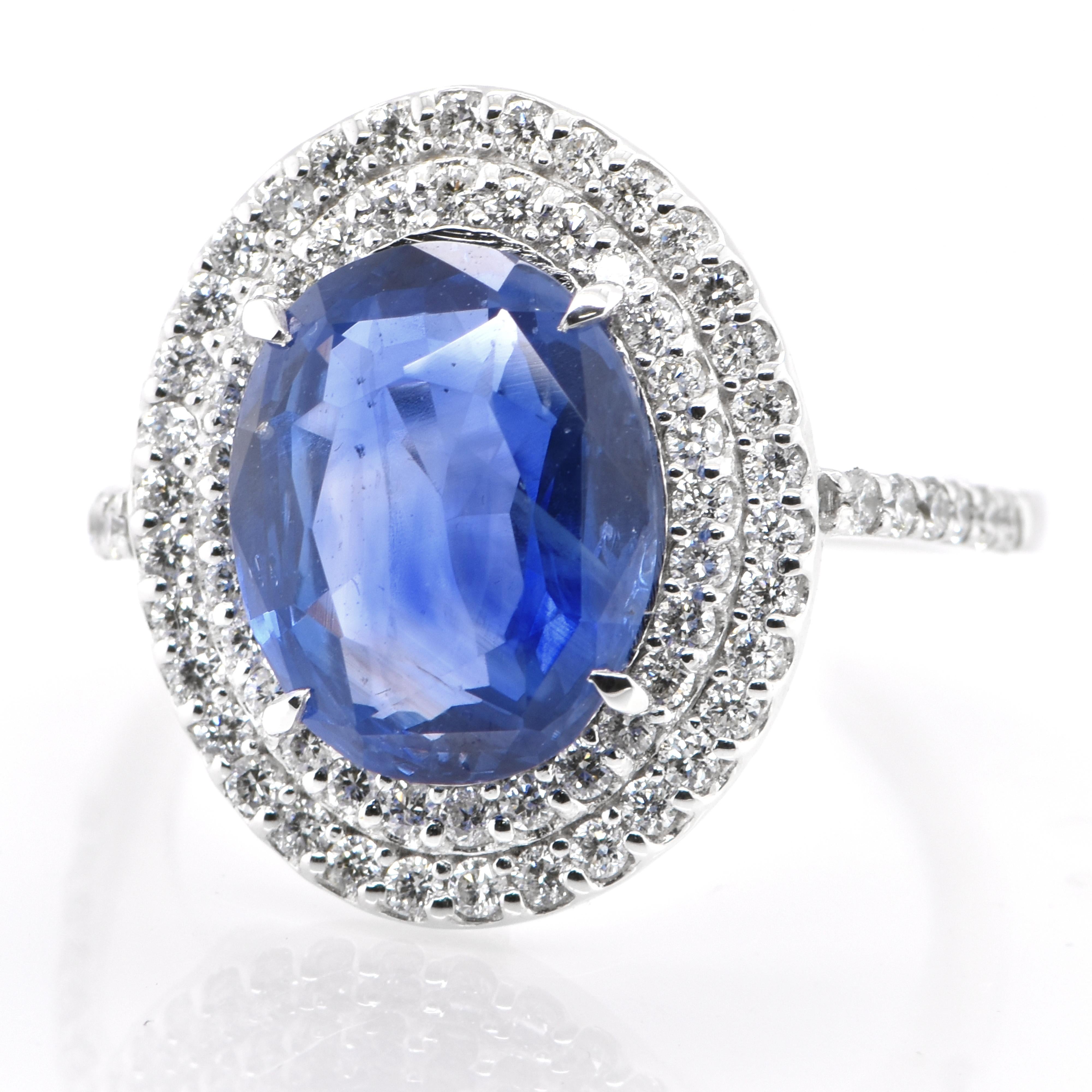 A beautiful ring featuring a GIA Certified 4.73 Carat, Natural Unheated, Ceylon Blue Sapphire and 0.62 Carats Diamond Accents set in Platinum. Sapphires have extraordinary durability - they excel in hardness as well as toughness and durability