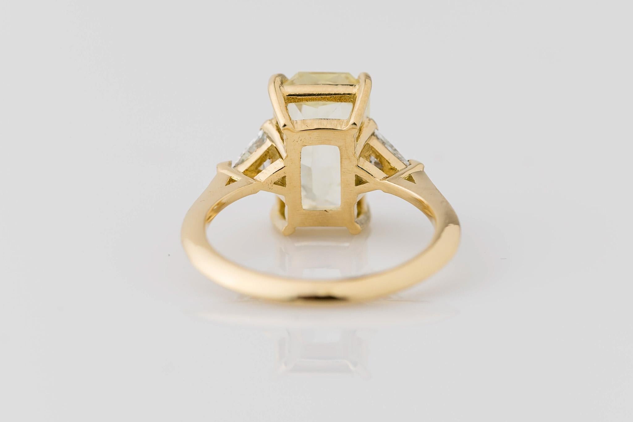 GIA Certified 4.73 Ct. Radiant Natural Yellow Sapphire 3-Stone Diamond Ring In New Condition For Sale In Los Angeles, CA