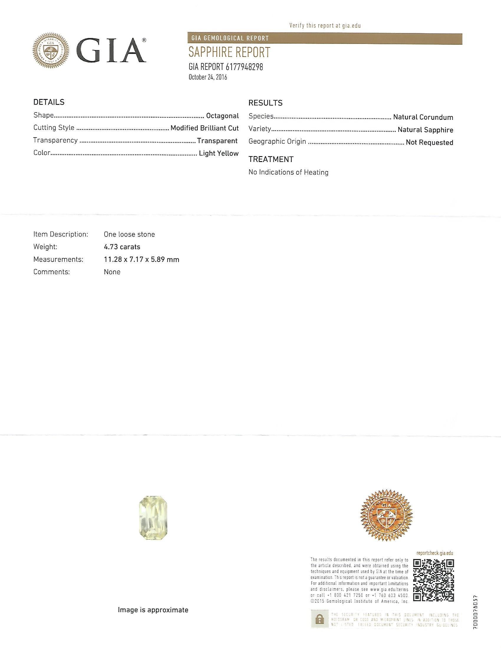 GIA-zertifizierte 4.73 Karat. Radiants natürlicher gelber Saphir 3-Stein-Diamantring Damen im Angebot