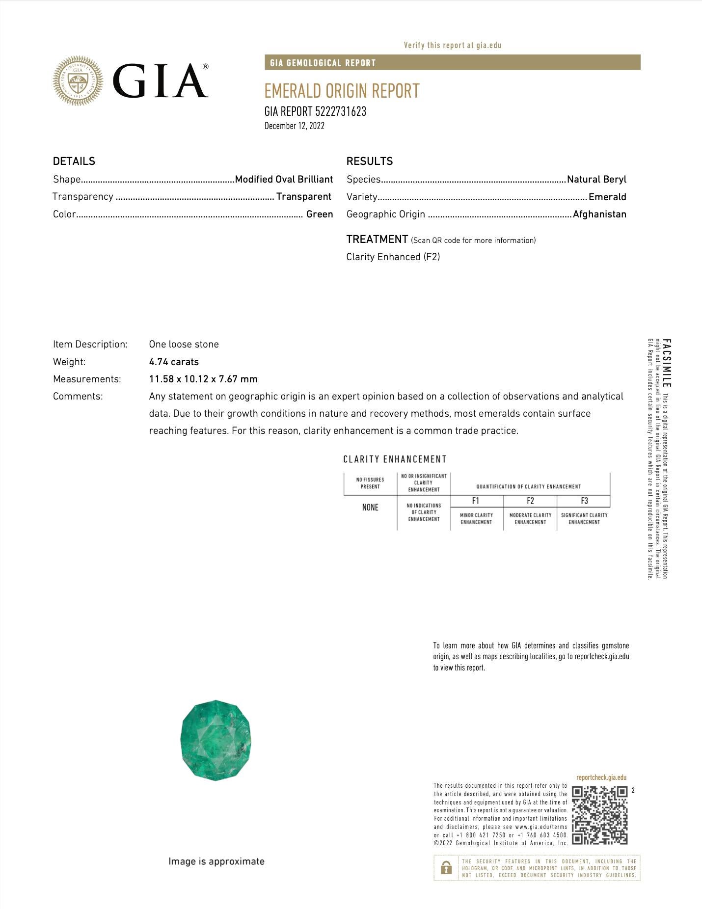 Dieser wunderschöne afghanische Smaragd ist ein atemberaubender Edelstein mit einem Gewicht von 4,74 Karat. Er wurde vom Gemological Institute of America (GIA) zertifiziert und hat einen modifizierten ovalen Brillantschliff. Die Berichtsnummer