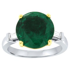 GIA Certified 4.75 Carat Rare Round Green Emerald Baguette Diamond Ring