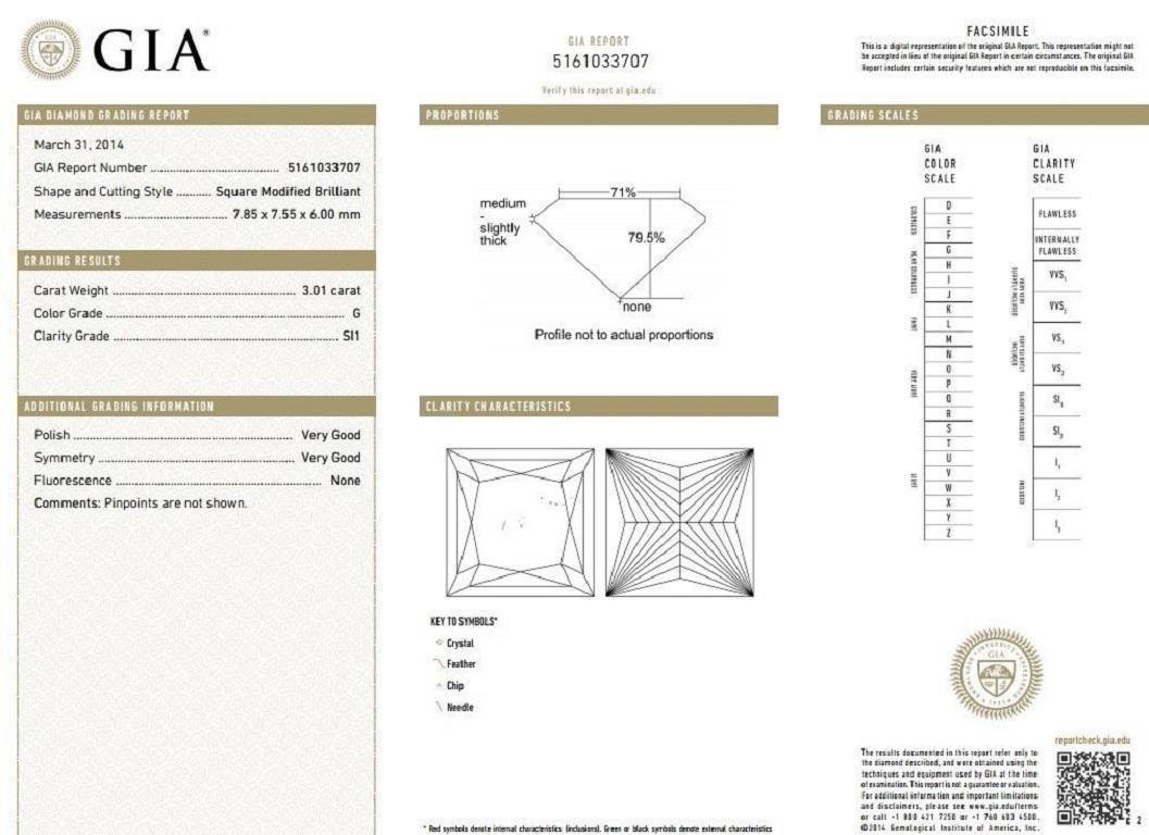 GIA 3.01ct. Princes cut diamond & 1.76ct. diamonds ring.

 Report: 5161033707

G-color, Si-1 Clarity 

Supreme Si-1, minimal black carbon inclusion

(GIA Report attached)



1.00ct. marquise diamonds & .76ct baguettes.

G-H color, Vs-2 Si-1