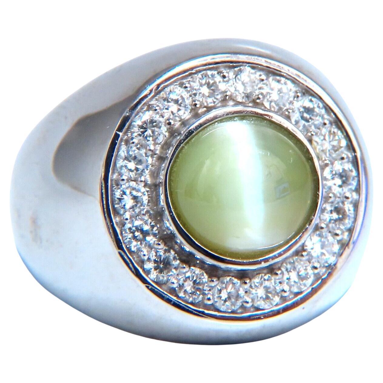 GIA Certified 4.78ct Natural Chrysoberyl Cats Eye Mens Diamond Signet Ring 14kt For Sale