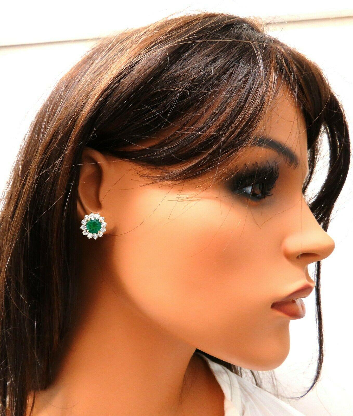 Round Cut GIA Certified 4.78ct Natural Round Emeralds Diamond Earrings 14kt Cluster Halo For Sale