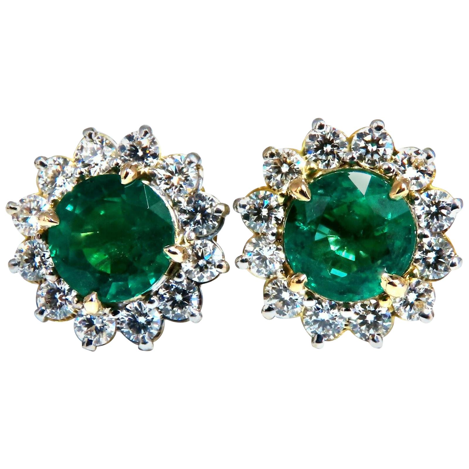 GIA Certified 4.78ct Natural Round Emeralds Diamond Earrings 14kt Cluster Halo For Sale