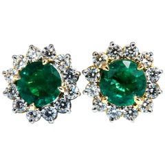 GIA Certified 4.78ct Natural Round Emeralds Diamond Earrings 14kt Cluster Halo**