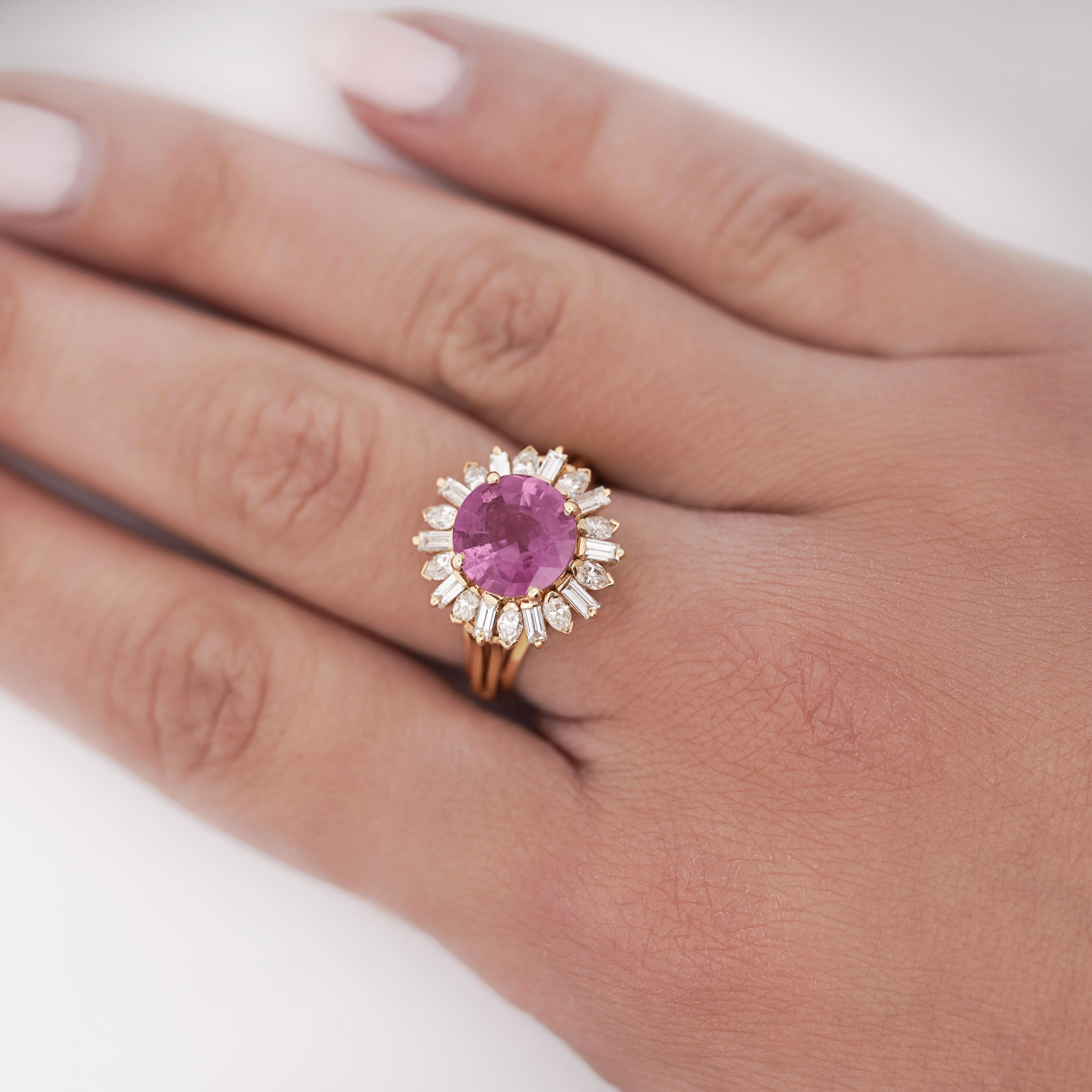 Modern GIA Certified 4.8 Carat Oval Pink Sapphire & Diamond 18K Gold Starburst Ring For Sale