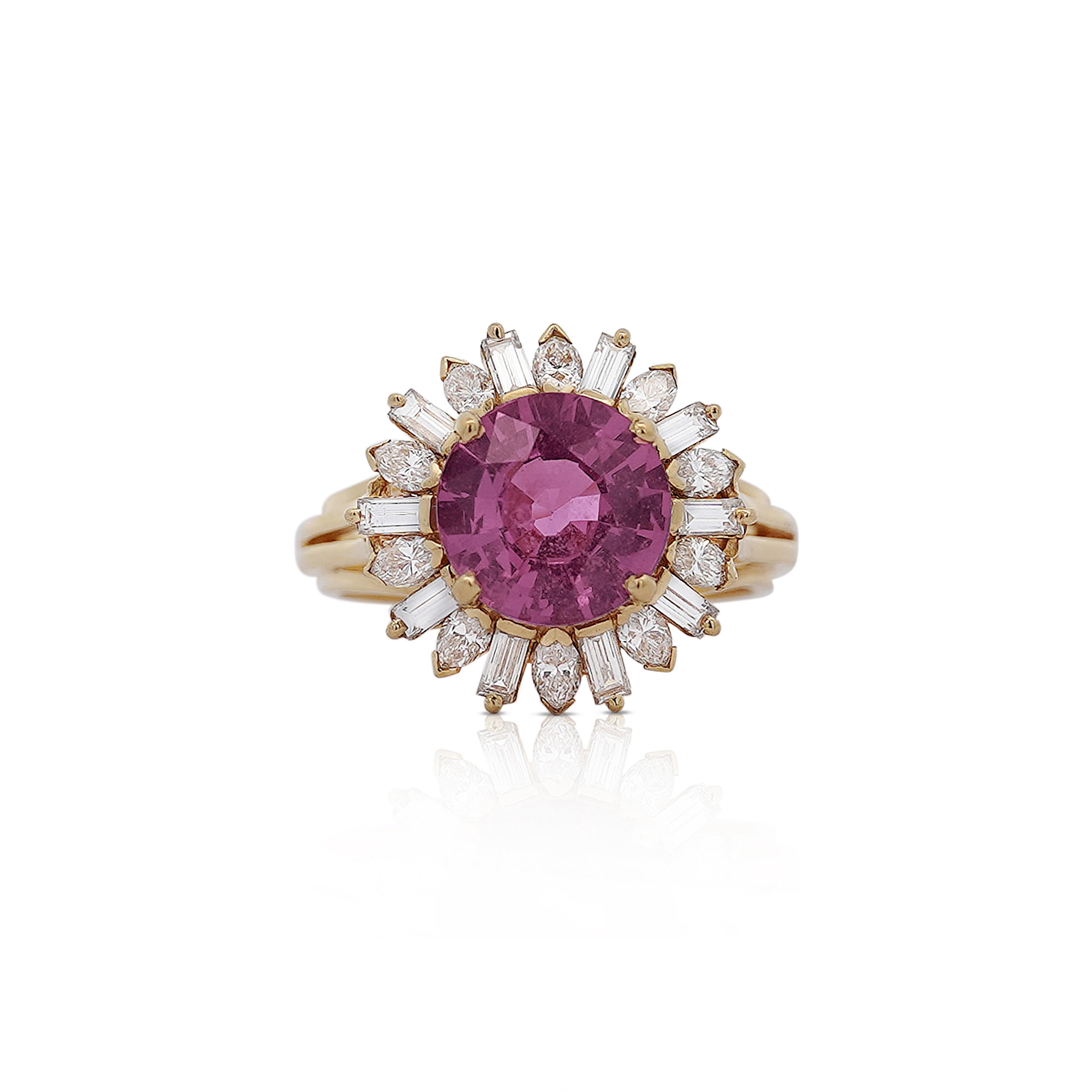 GIA Certified 4.8 Carat Oval Pink Sapphire & Diamond 18K Gold Starburst Ring For Sale 1