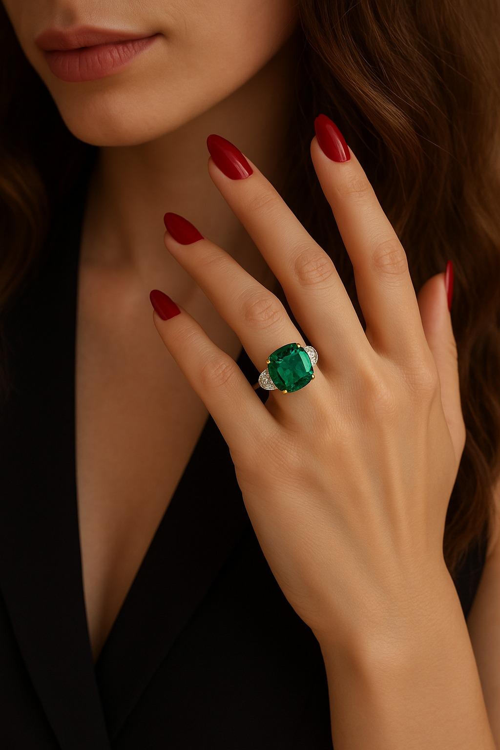 Modern GIA Certified 4.80 Carat Colombian Emerald & Diamond Ring For Sale