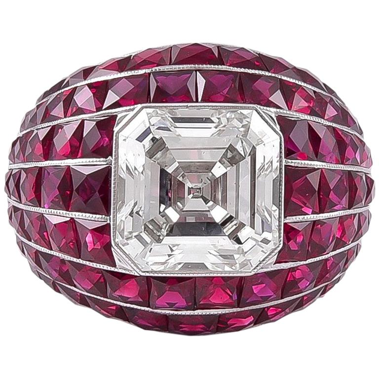 GIA Certified 4.81 Carat Center Diamond and Ruby Bombay Ring