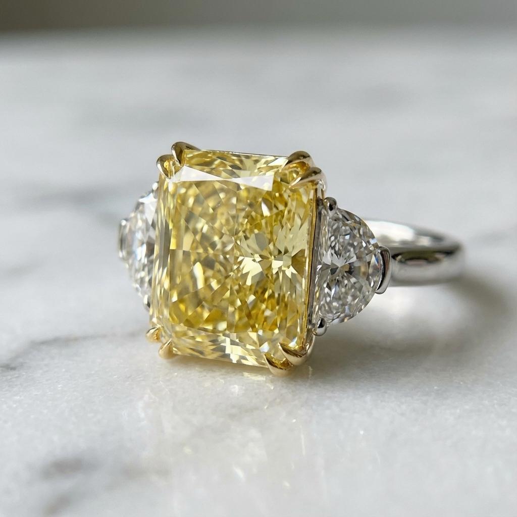 Présentation d'un diamant exceptionnel de 4,86 carats de couleur jaune intense fantaisie, naturellement coloré et richement saturé. Certifiée par la GIA avec une distribution des couleurs uniforme et une clarté VS2, cette magnifique pierre précieuse