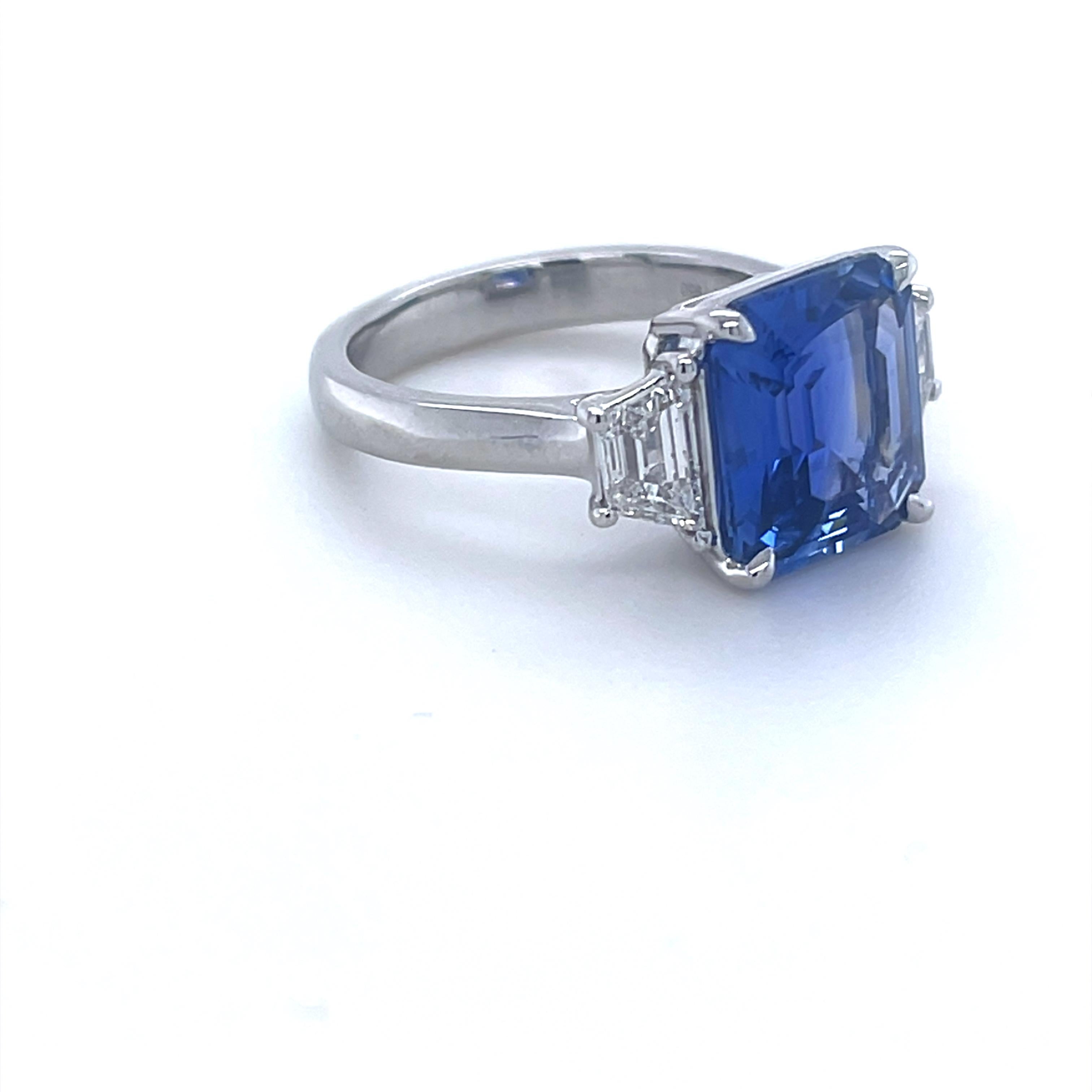 Modern GIA Certified 4.89 Carat Emerald Cut Ceylon Sapphire & Diamond Ring in Platinum