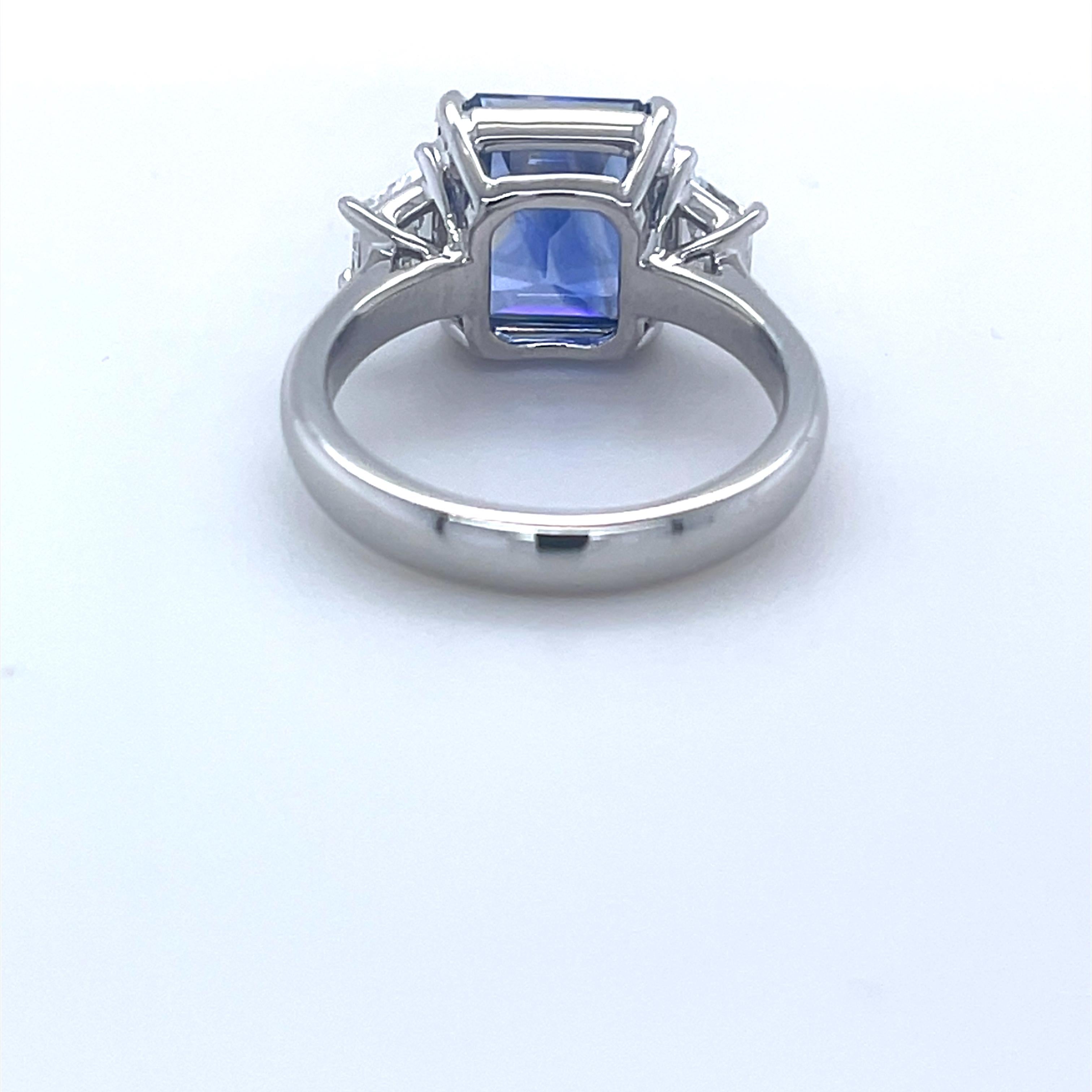 GIA Certified 4.89 Carat Emerald Cut Ceylon Sapphire & Diamond Ring in Platinum In New Condition In Great Neck, NY