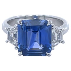 GIA Certified 4.89 Carat Emerald Cut Ceylon Sapphire & Diamond Ring in Platinum