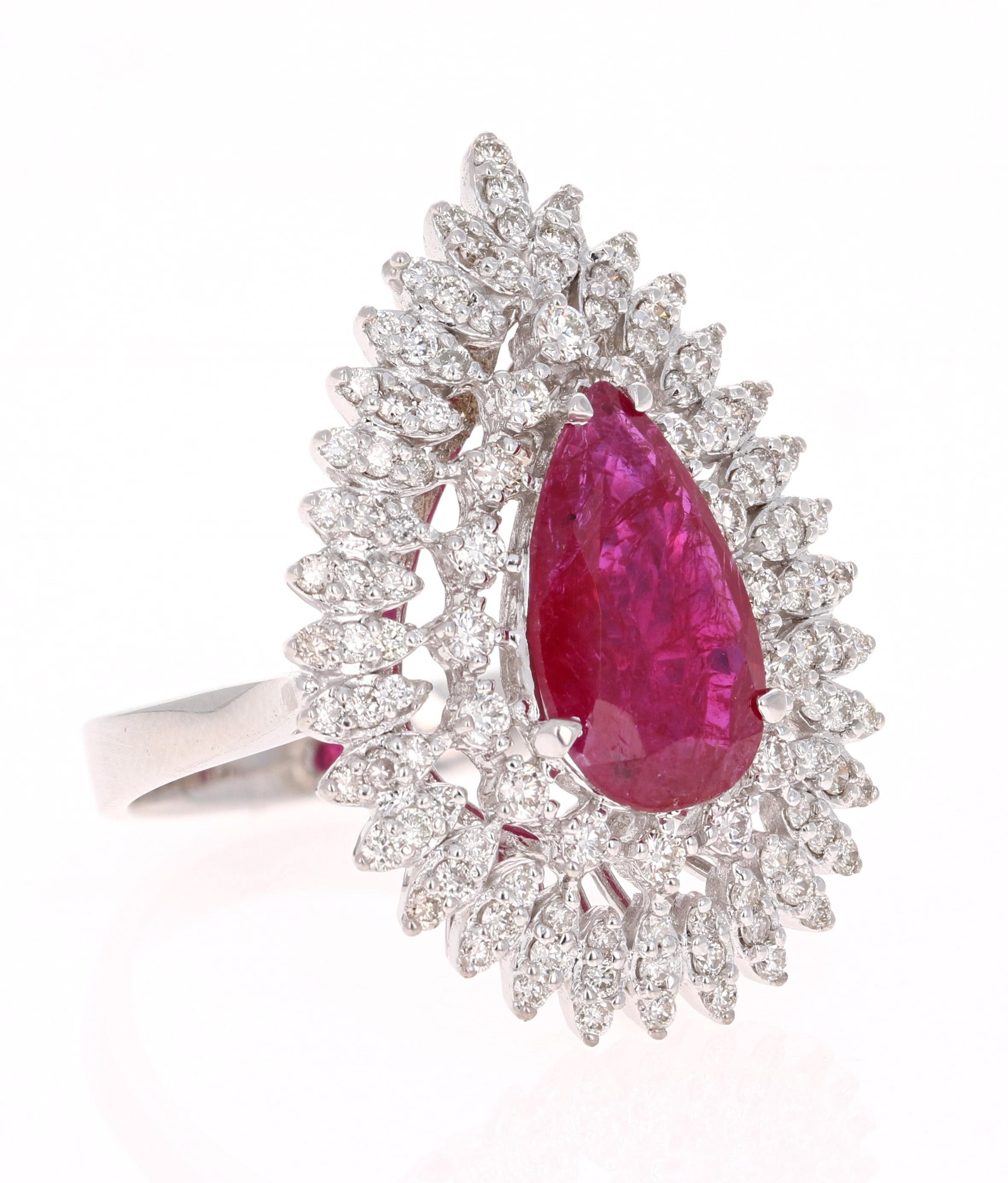 Stunningly designed GIA Certified 4.89 Carat Unheated Ruby and Diamond Cocktail Ring in 18K White Gold!

This ring has a gorgeous Unheated 3.52 Carat Pear Cut Ruby set in the center and it is surrounded by a cluster of 112 Round Cut Diamonds that