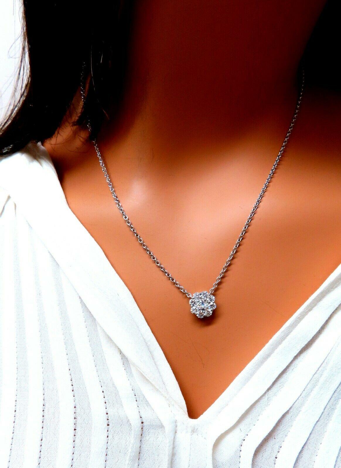 Halo diamond cluster 

1.14ct. Natural diamonds necklace

& .48ct. Center diamond

 H-color / Vs-1 Clarity

Report# 2215054402

  Side Diamonds: G-color Vs-2 clarity. -

 Full cut round brilliants

14kt. white gold.

cluster diameter: