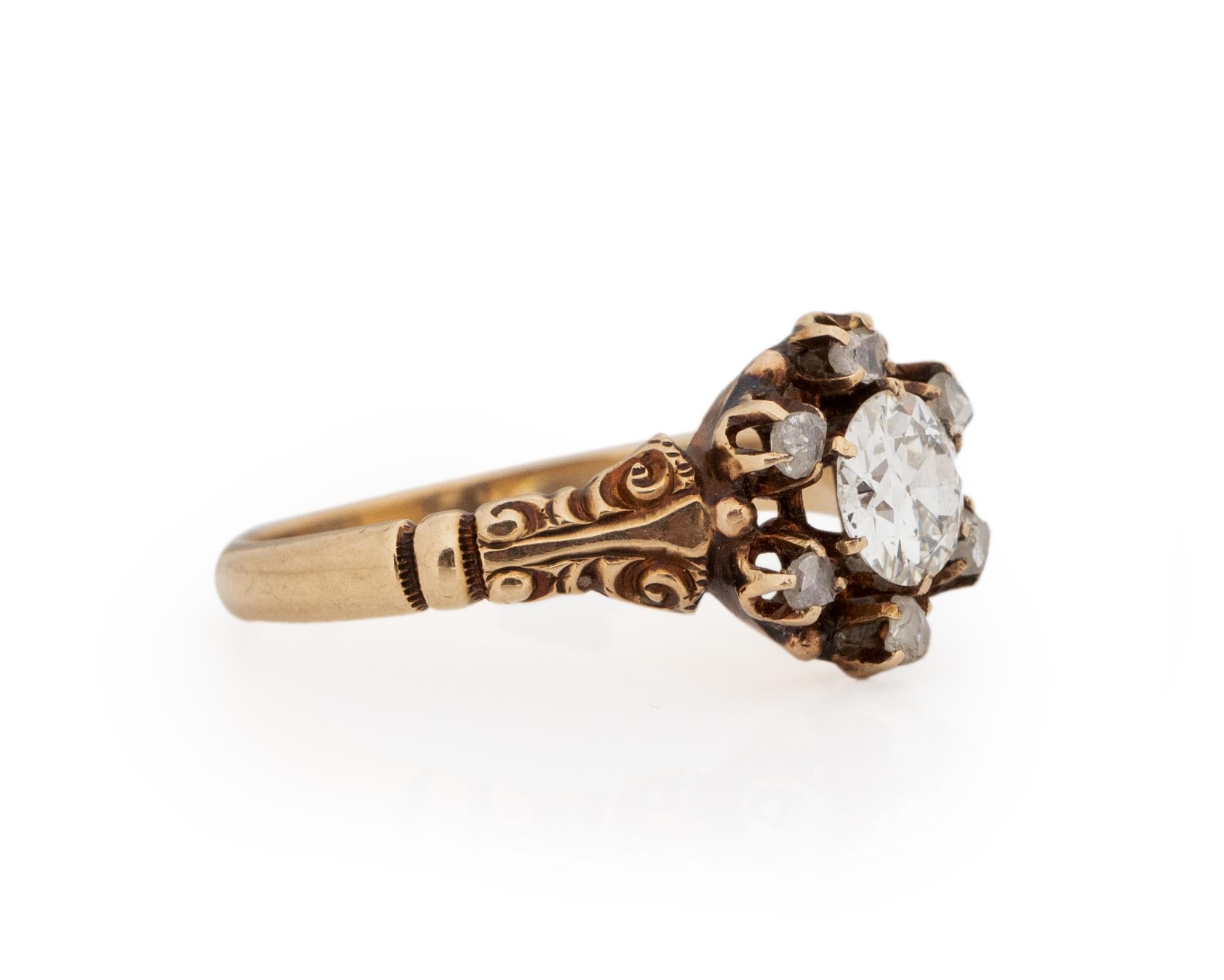 Ring Size: 6
Metal Type: 14Karat Yellow Gold [Hallmarked, and Tested]
Weight: 2.0 grams

Center Diamond Details:
GIA REPORT #: 6214878163
Weight: .49carat
Cut: Old European brilliant
Color: H
Clarity: VS2
Measurements: 5.35mm x 5.15mm x 2.73mm

Side