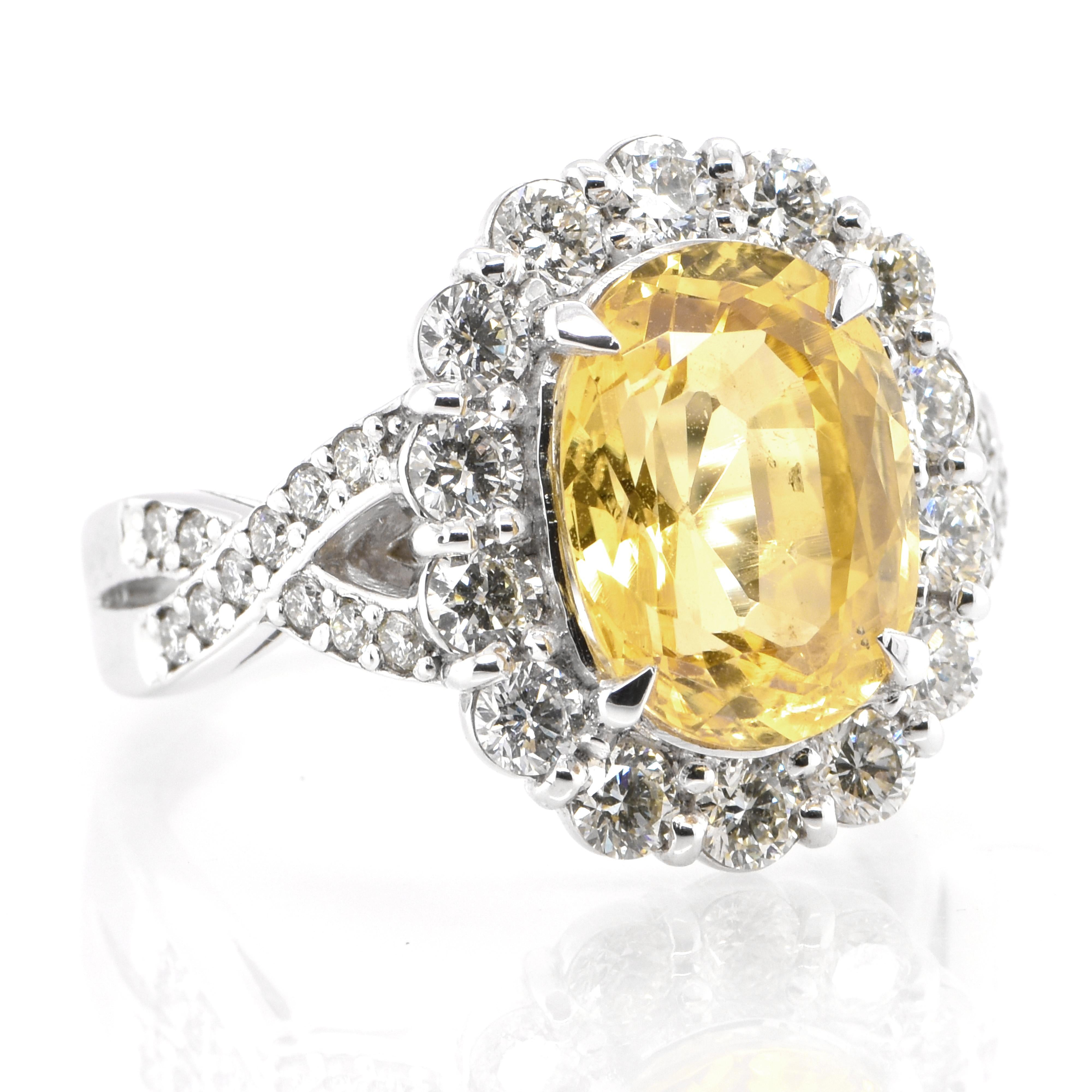 Modern Gia Certified 4.90 Carat Natural Yellow Sapphire & Diamond Ring Set in Platinum