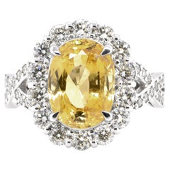 Gia Certified 4.90 Carat Natural Yellow Sapphire & Diamond Ring Set in Platinum
