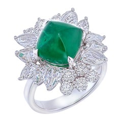 GIA Certified 4.90 Carat Zambian Sugarloaf Emerald & Dia. Cocktail Ring