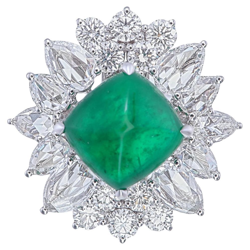 GIA Certified 4.90 Carat Zambian Sugarloaf Emerald & Dia. Cocktail Ring