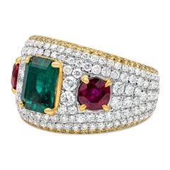 GIA Certified 4.91 Carat Total Mixed-Cut Emerald, Ruby, & Diamond Fashion Ring