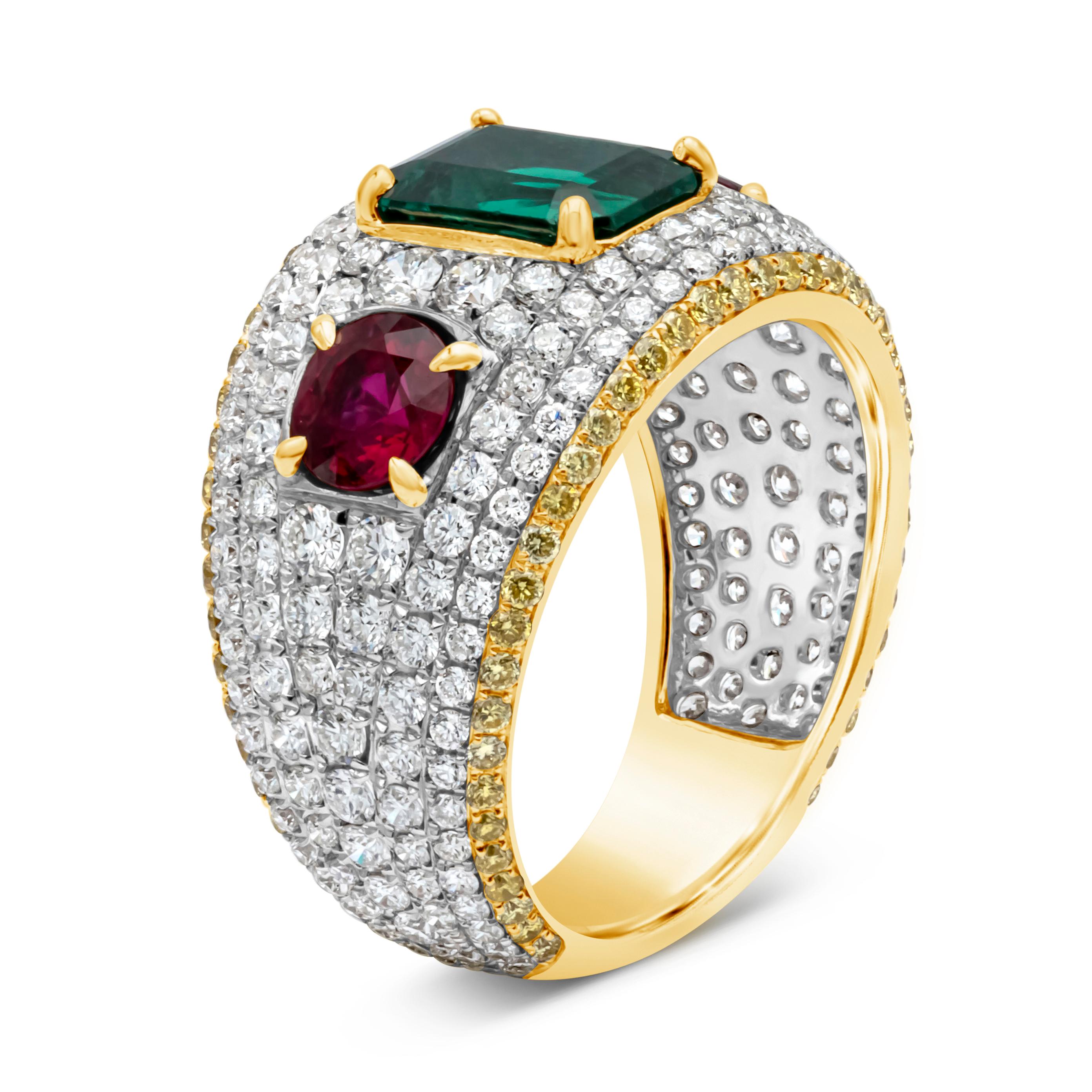 Contemporary GIA Certified 4.91 Carats Total Mixed Cut Emerald, Ruby & Diamond Fashion Ring For Sale